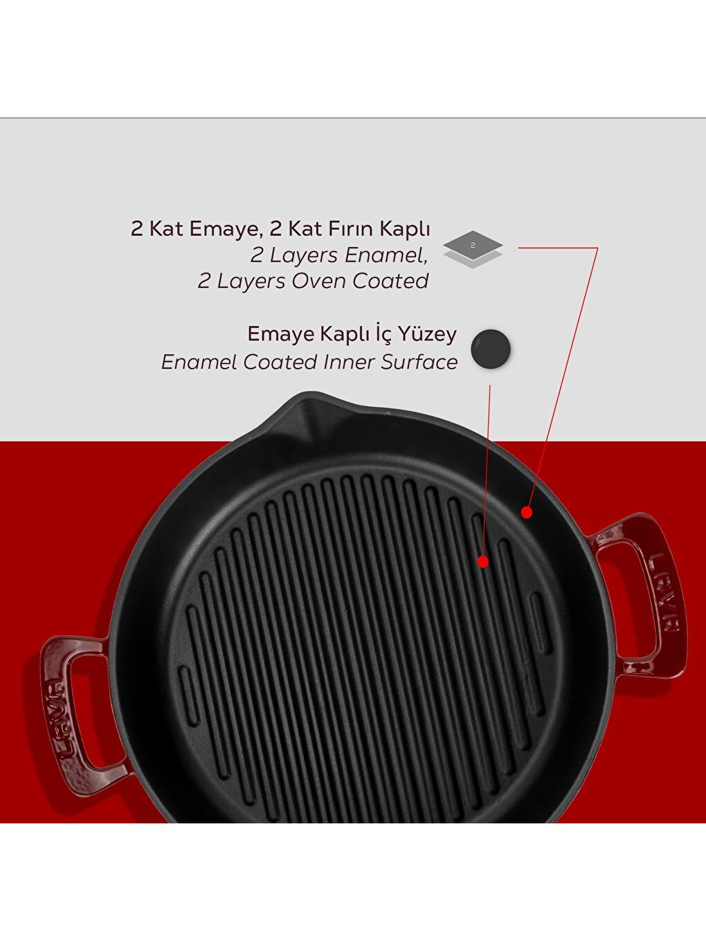 Bordo Yuvarlak Izgara Tavası Döküm Demir Yekpare Çift Kulplu Çap(Ø)32cm.-5