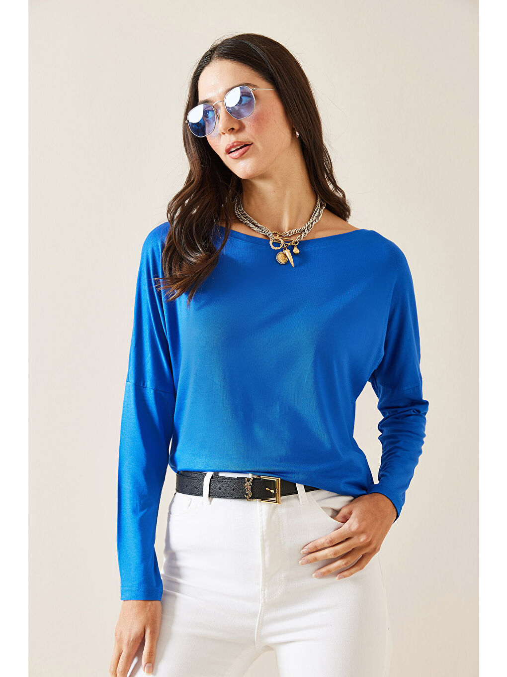 Mavi Saks Kayık Yaka Viskon Bluz 5KXK2-49021-15-3