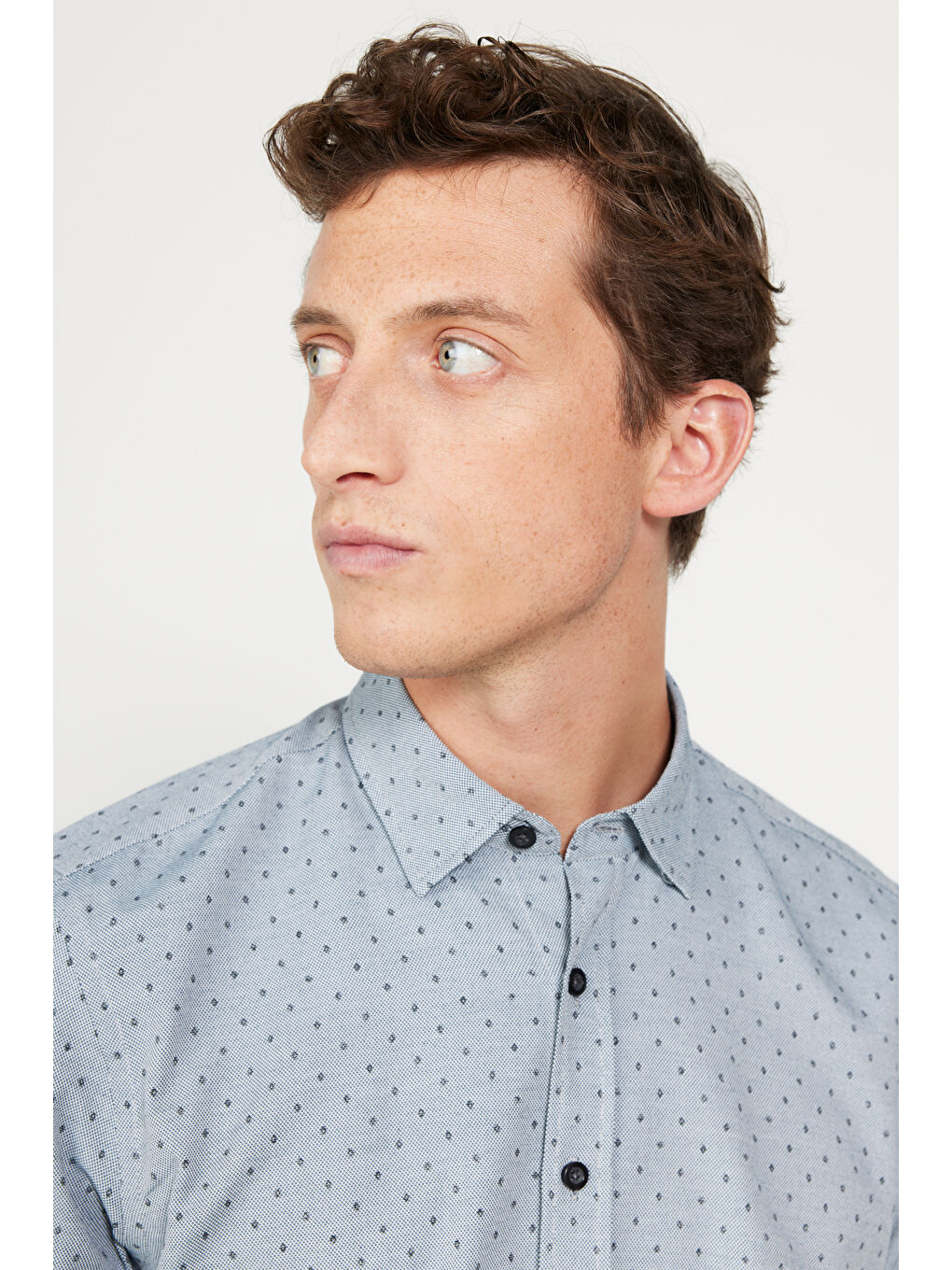 Erkek Gri-Beyaz Slim Fit Dar Kesim Gizli Düğmeli Yaka Pamuklu Gömlek-3