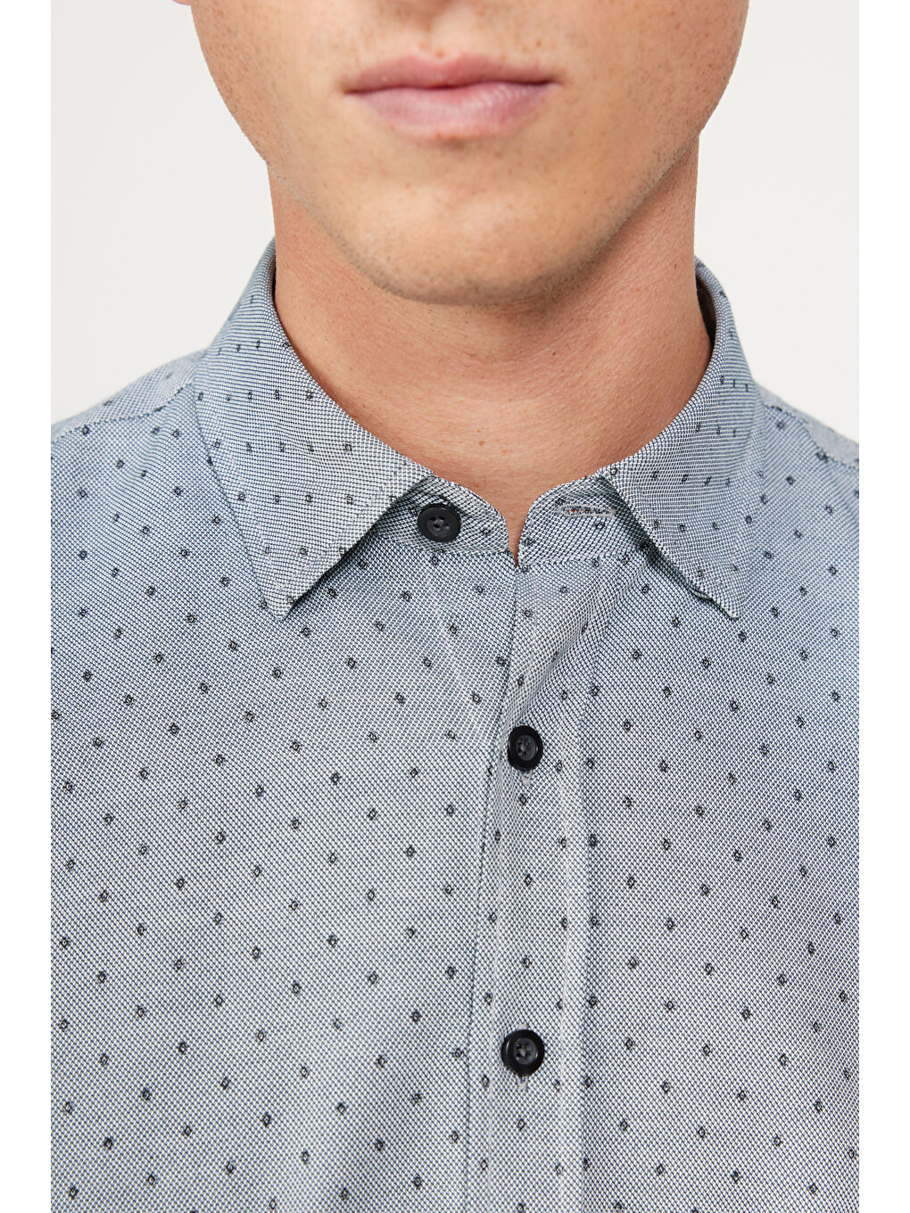 Erkek Gri-Beyaz Slim Fit Dar Kesim Gizli Düğmeli Yaka Pamuklu Gömlek-4