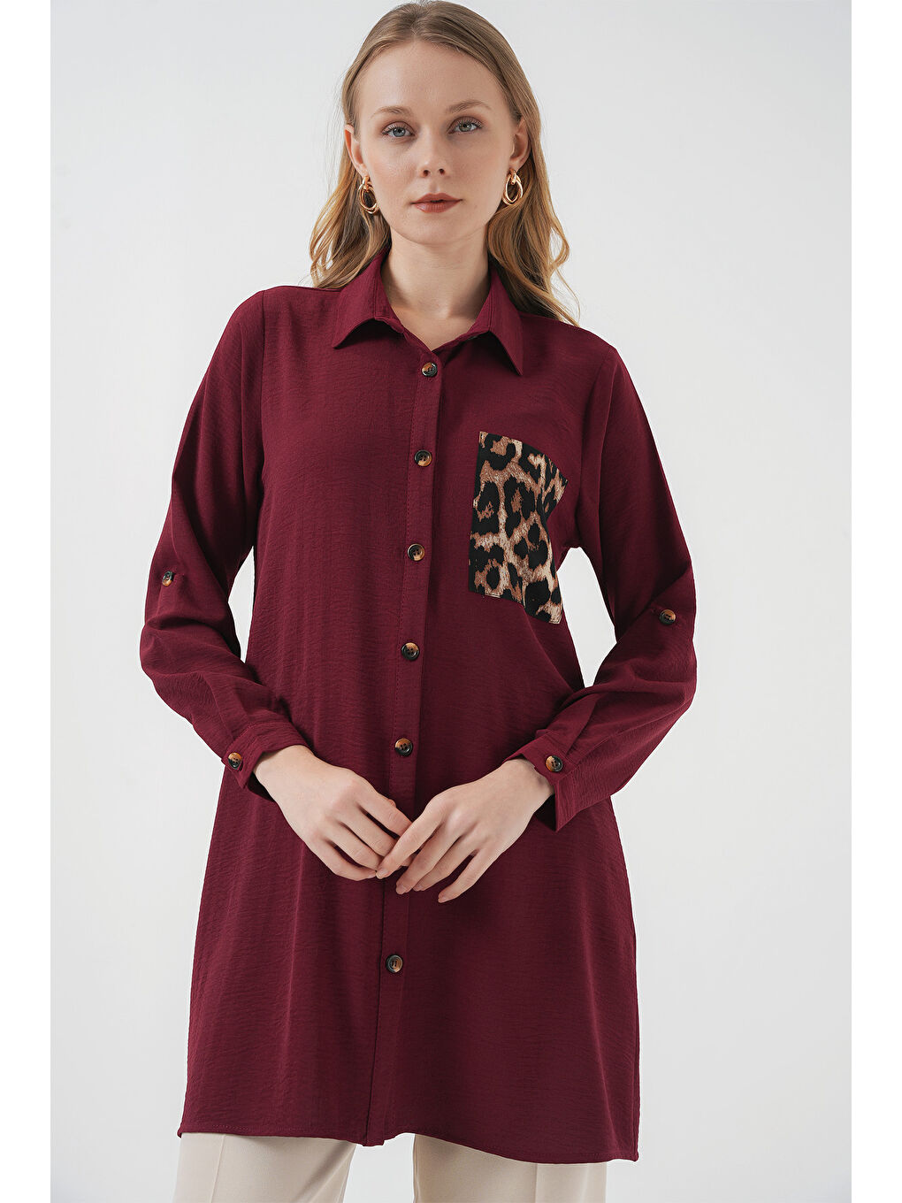 5851 Cep Detaylı Gömlek Tunik - Bordo