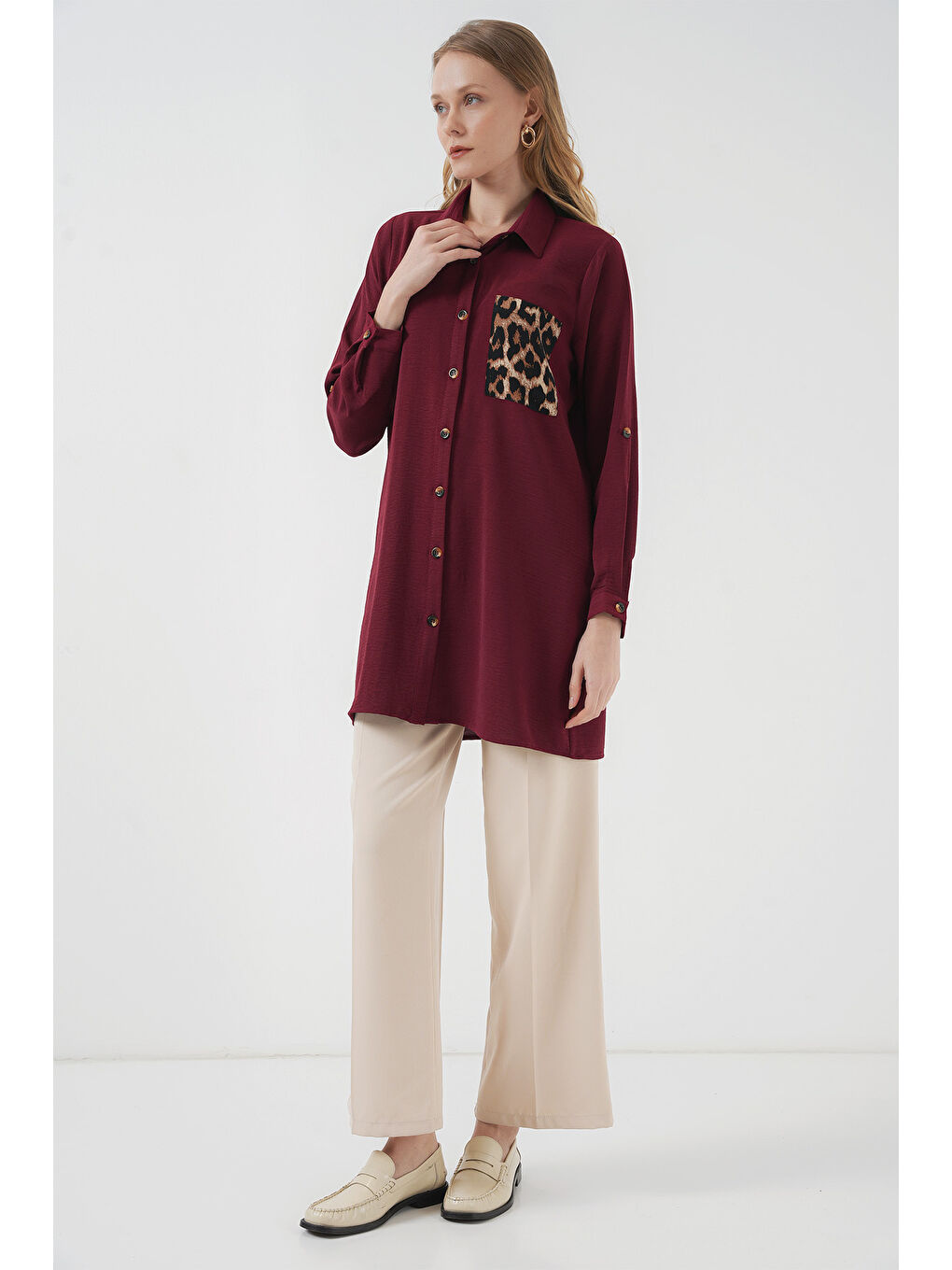 5851 Cep Detaylı Gömlek Tunik - Bordo-1