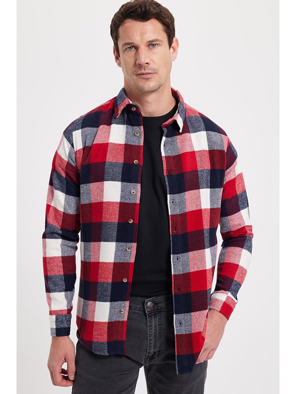 Bordo Erkek Slim Fit Dar Kesim Kareli Kışlık Oduncu Gömlek