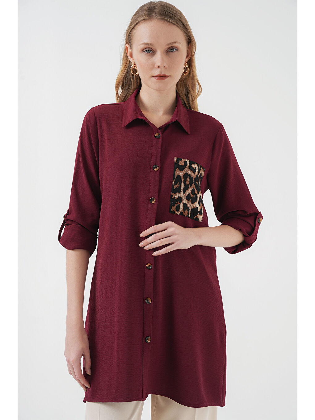 5851 Cep Detaylı Gömlek Tunik - Bordo-2