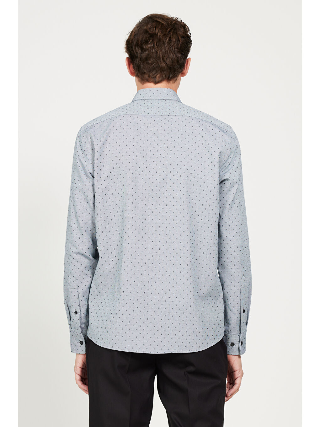 Erkek Gri-Beyaz Slim Fit Dar Kesim Gizli Düğmeli Yaka Pamuklu Gömlek-5