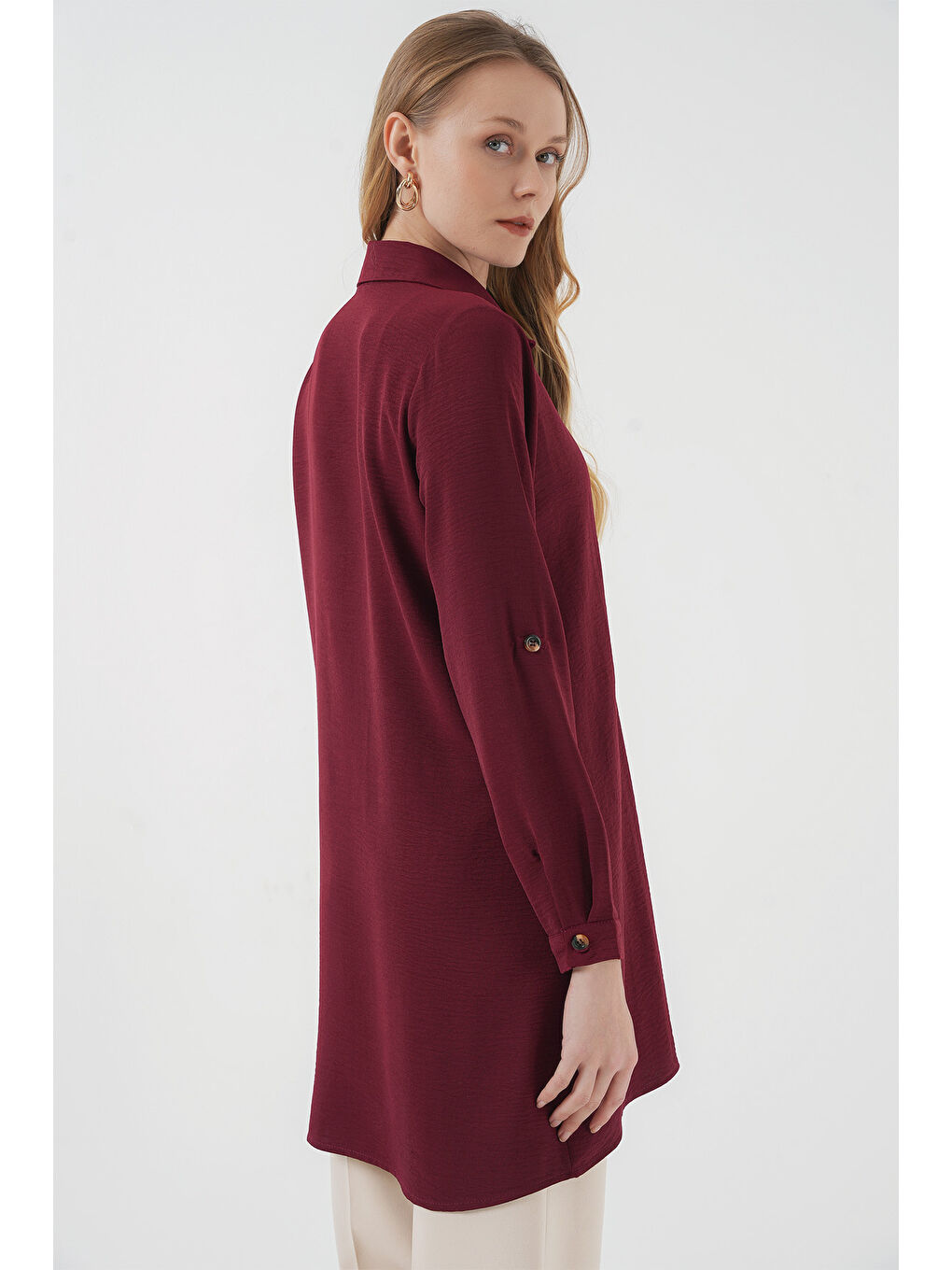 5851 Cep Detaylı Gömlek Tunik - Bordo-4