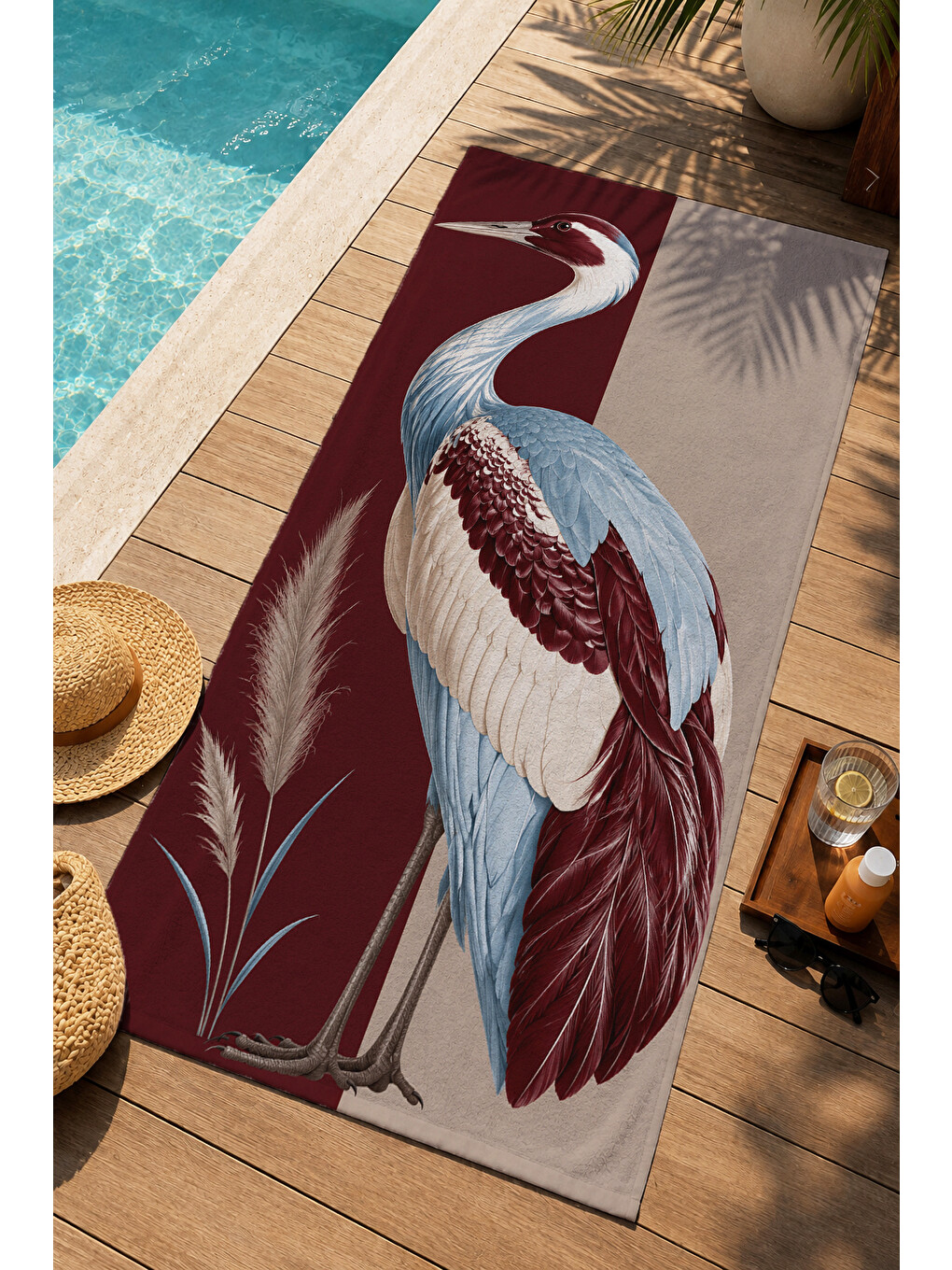 Art Deco Turna Kuşu Bordo Botanik Çiçekli Desenli 70x150 Plaj Havlusu - Pamuklu Banyo Havlusu-1