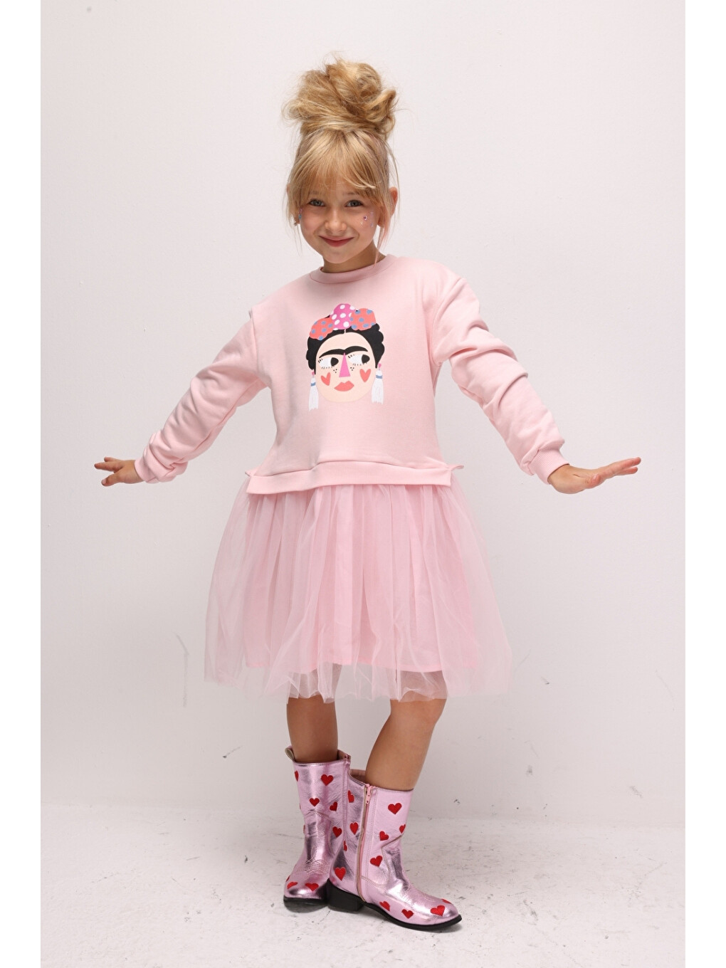 Pembe Baskılı Tül Etekli Kız Çocuk Elbise - Ava-1