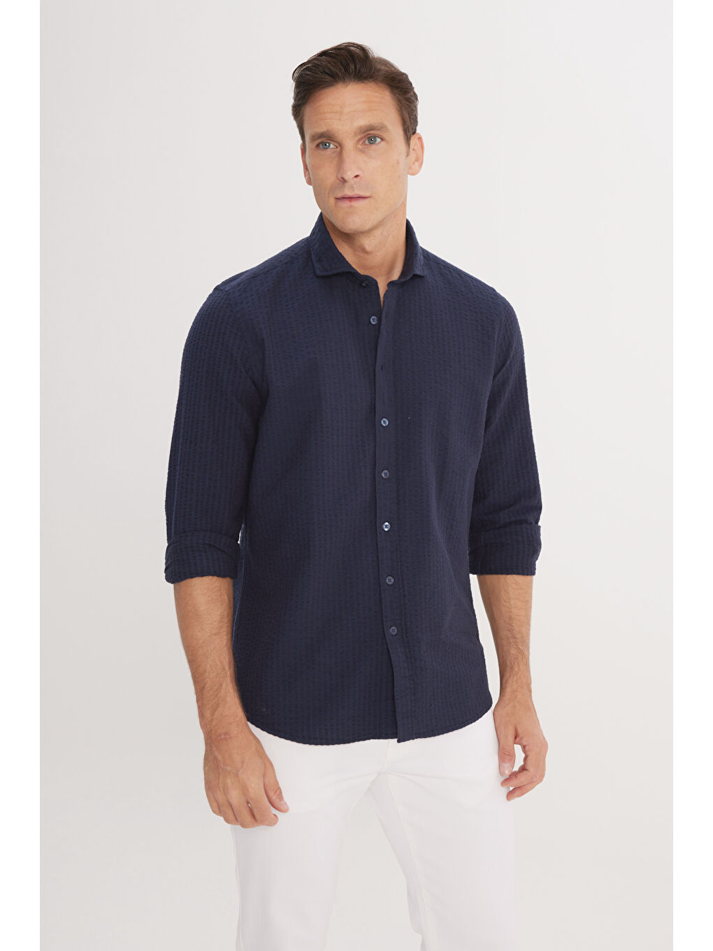 Erkek Lacivert Slim Fit Dar Kesim İtalyan Yaka %100 Pamuk Gofre Gömlek