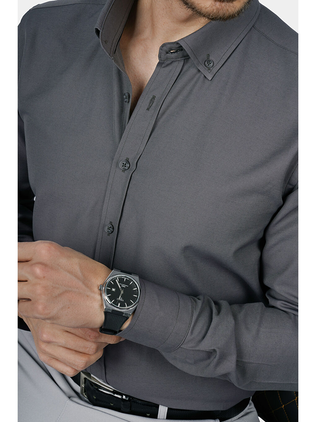 Gri Füme Yaka Düğmeli Premium Şamre Slimfit Erkek Gömlek