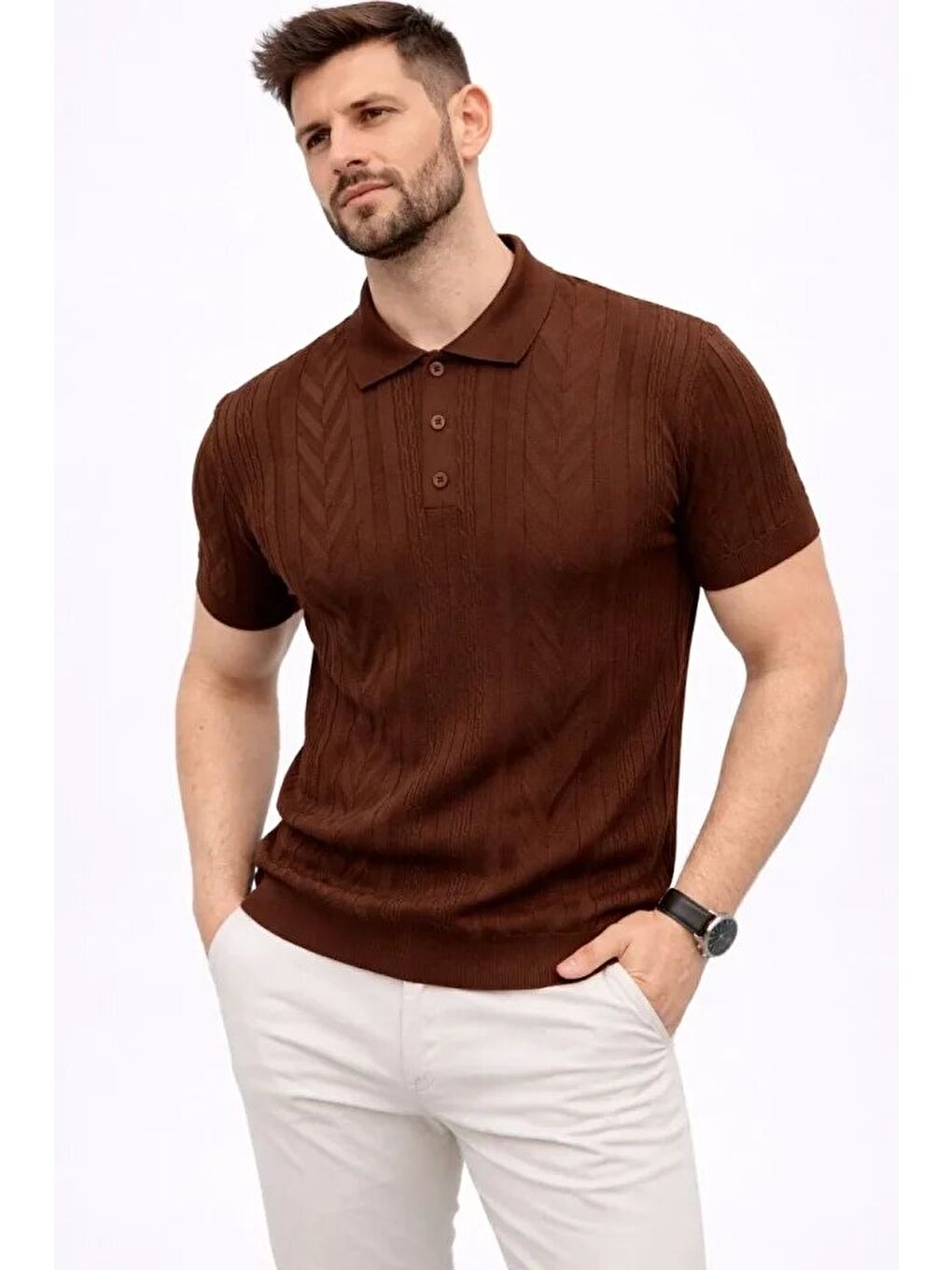Kahverengi Erkek Yazlık Triko Polo Yaka Tişört-1