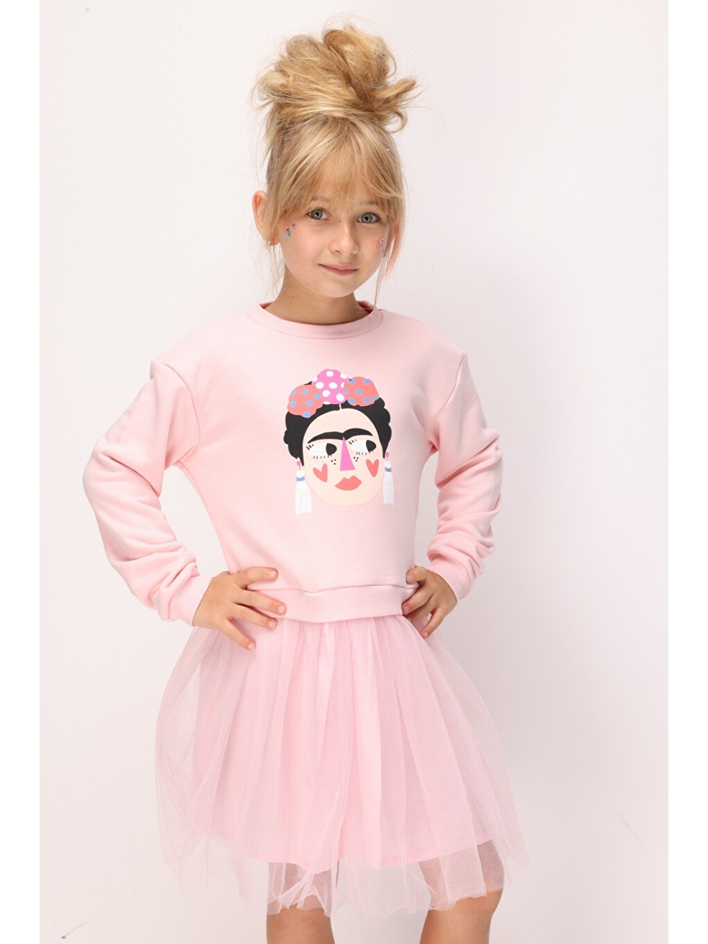 Pembe Baskılı Tül Etekli Kız Çocuk Elbise - Ava-2