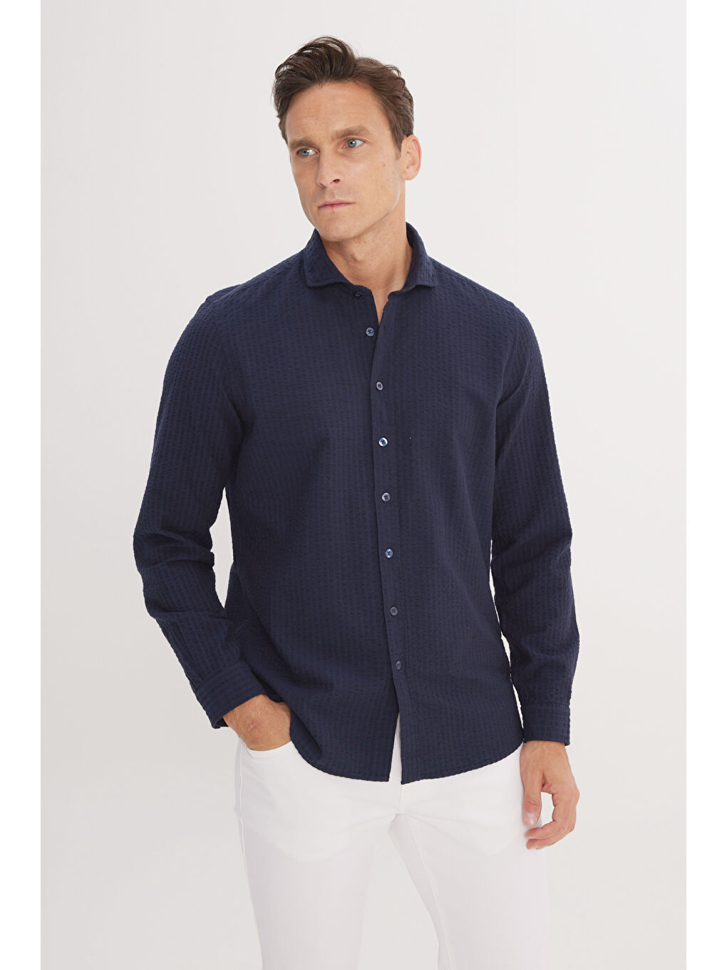 Erkek Lacivert Slim Fit Dar Kesim İtalyan Yaka %100 Pamuk Gofre Gömlek-2