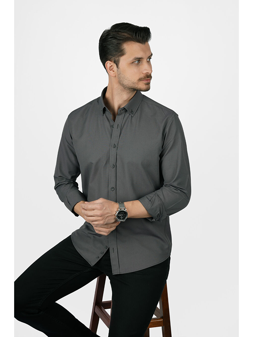 Gri Füme Yaka Düğmeli Premium Şamre Slimfit Erkek Gömlek-2