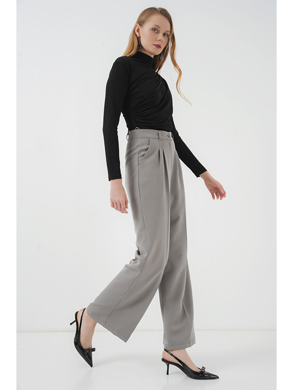 6647 Bol Paça Kumaş Pantolon - Gri-2