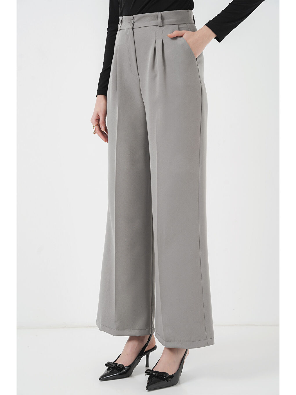 6647 Bol Paça Kumaş Pantolon - Gri-3