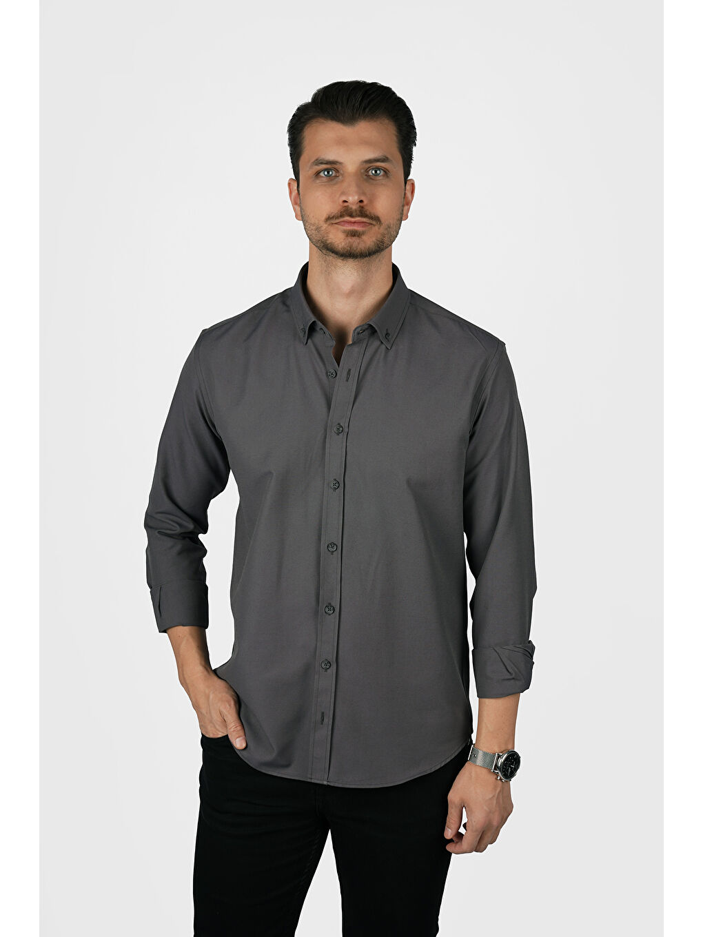 Gri Füme Yaka Düğmeli Premium Şamre Slimfit Erkek Gömlek-3
