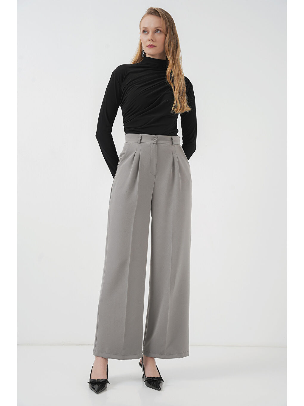 6647 Bol Paça Kumaş Pantolon - Gri-4