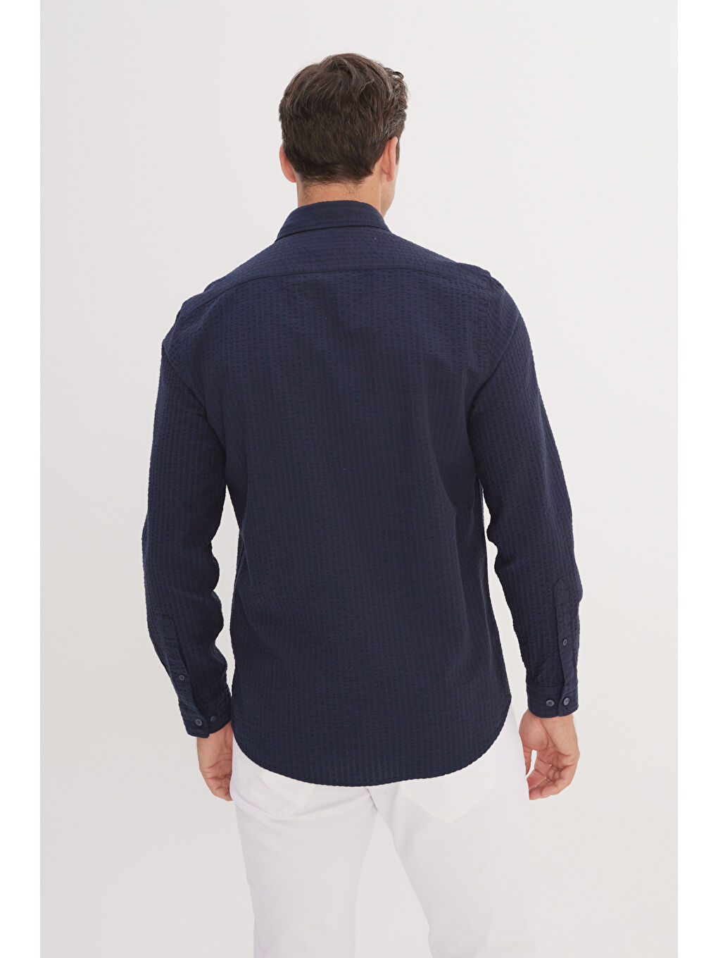 Erkek Lacivert Slim Fit Dar Kesim İtalyan Yaka %100 Pamuk Gofre Gömlek-4