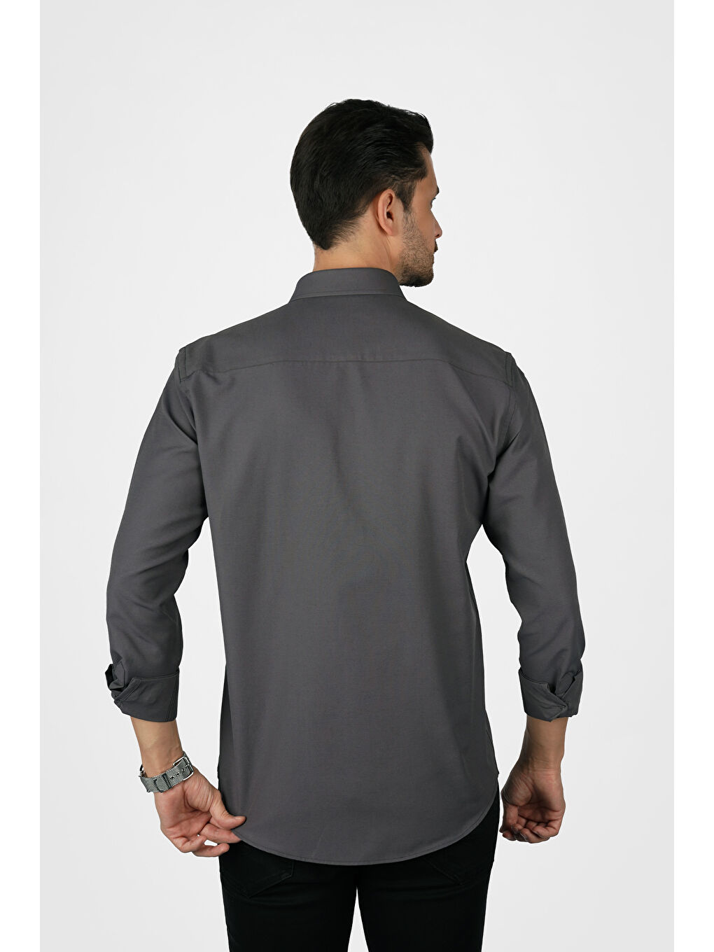 Gri Füme Yaka Düğmeli Premium Şamre Slimfit Erkek Gömlek-4