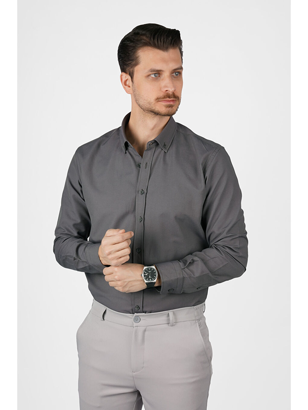 Gri Füme Yaka Düğmeli Premium Şamre Slimfit Erkek Gömlek-5