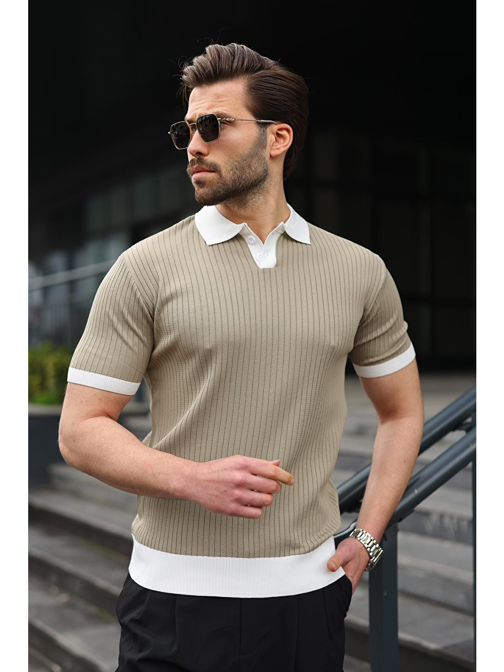 Bej Vizon Polo Yaka Triko Erkek Tişört E7471-2