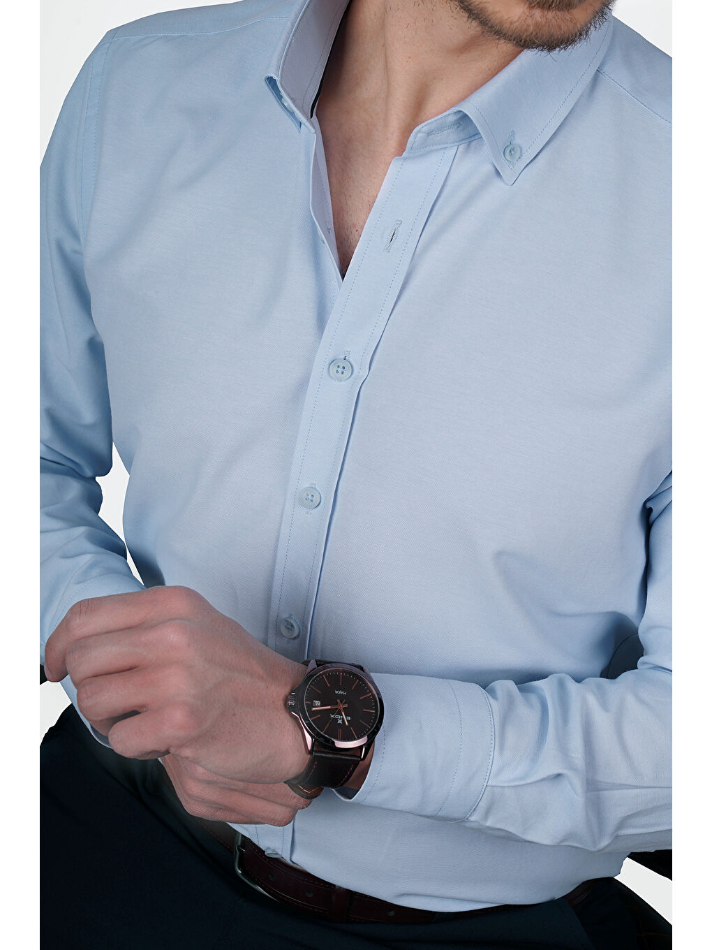 Açık Mavi Yaka Düğmeli Premium Şamre Slimfit Erkek Gömlek