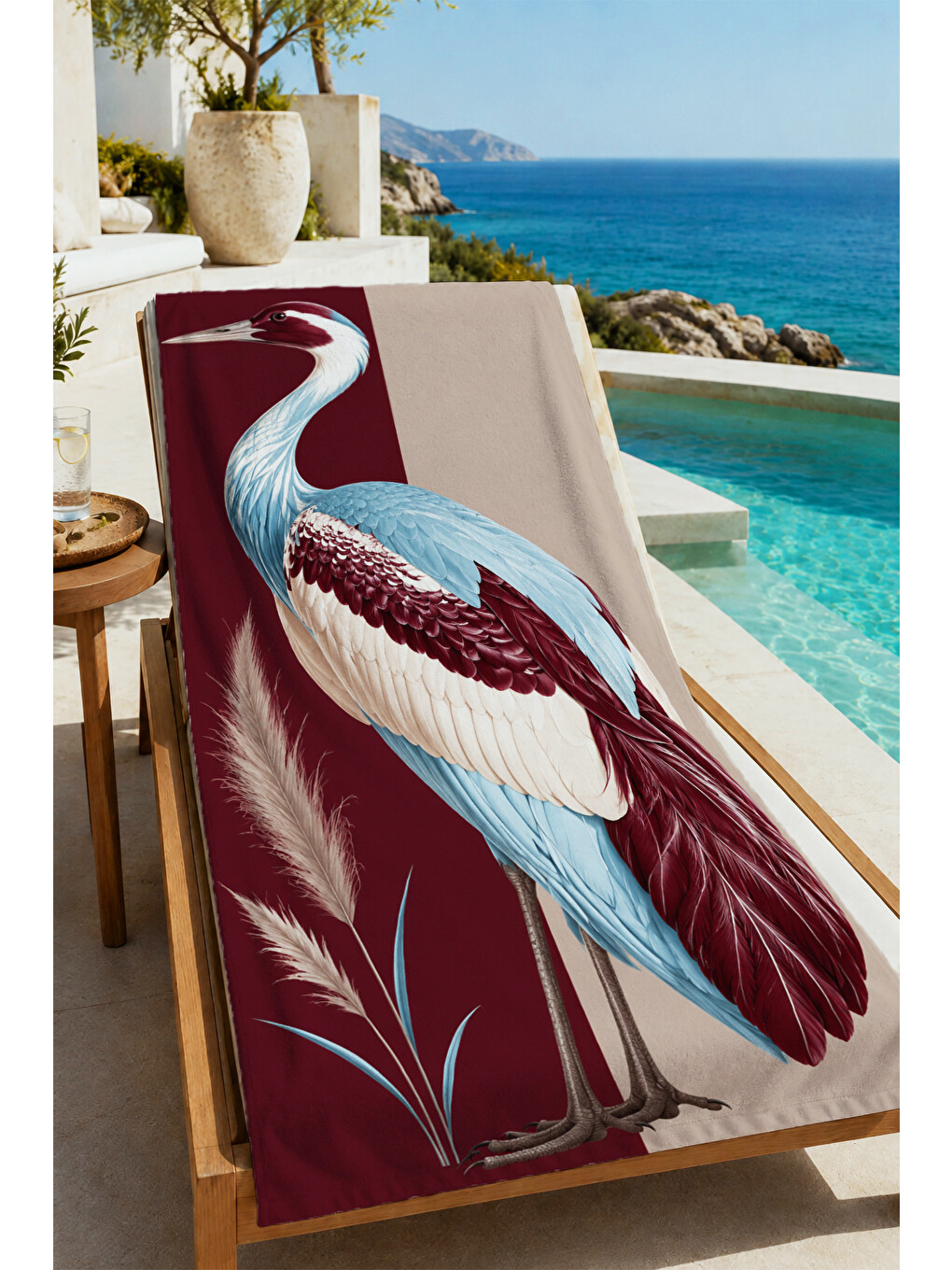 Art Deco Turna Kuşu Bordo Botanik Çiçekli Desenli 70x150 Plaj Havlusu - Pamuklu Banyo Havlusu-3