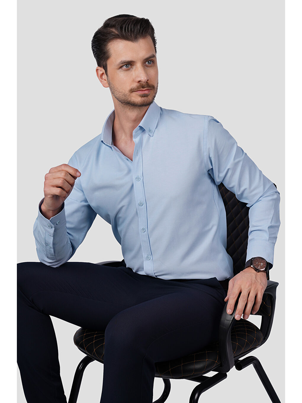 Açık Mavi Yaka Düğmeli Premium Şamre Slimfit Erkek Gömlek-1