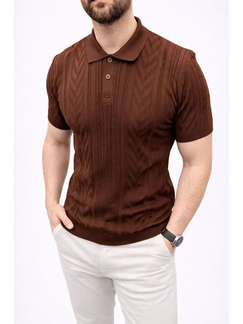 Kahverengi Erkek Yazlık Triko Polo Yaka Tişört-3