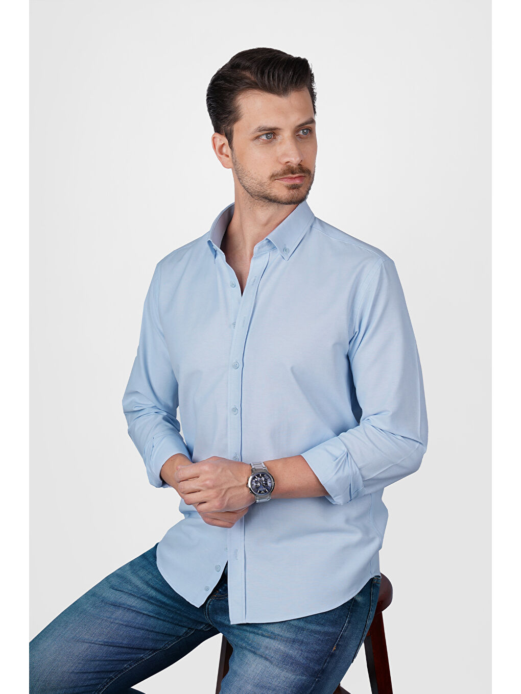 Açık Mavi Yaka Düğmeli Premium Şamre Slimfit Erkek Gömlek-2