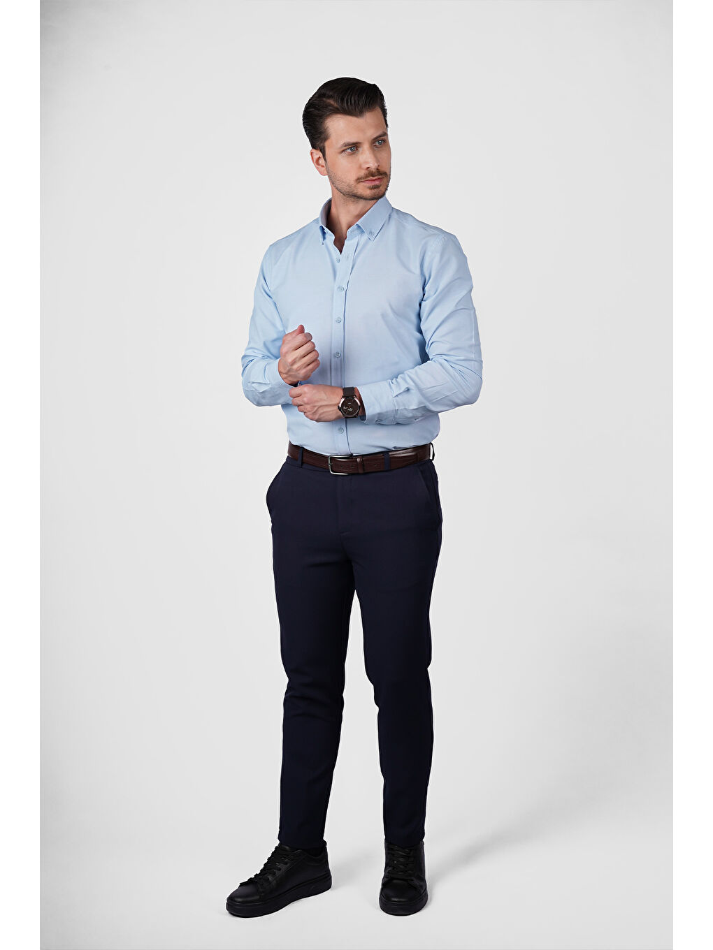 Açık Mavi Yaka Düğmeli Premium Şamre Slimfit Erkek Gömlek-3