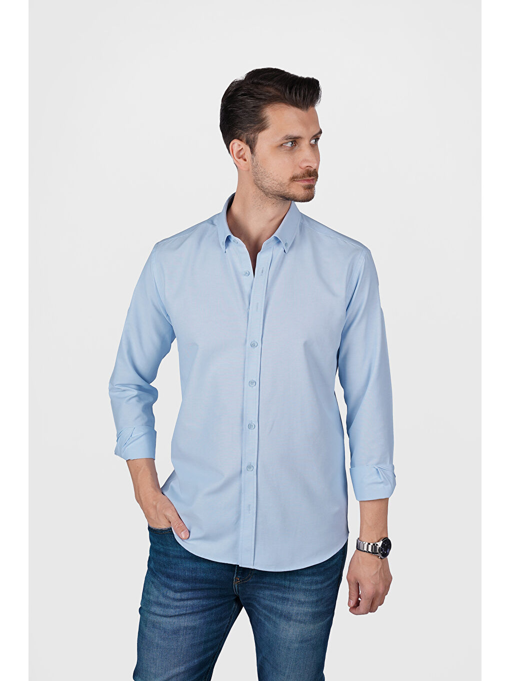 Açık Mavi Yaka Düğmeli Premium Şamre Slimfit Erkek Gömlek-5