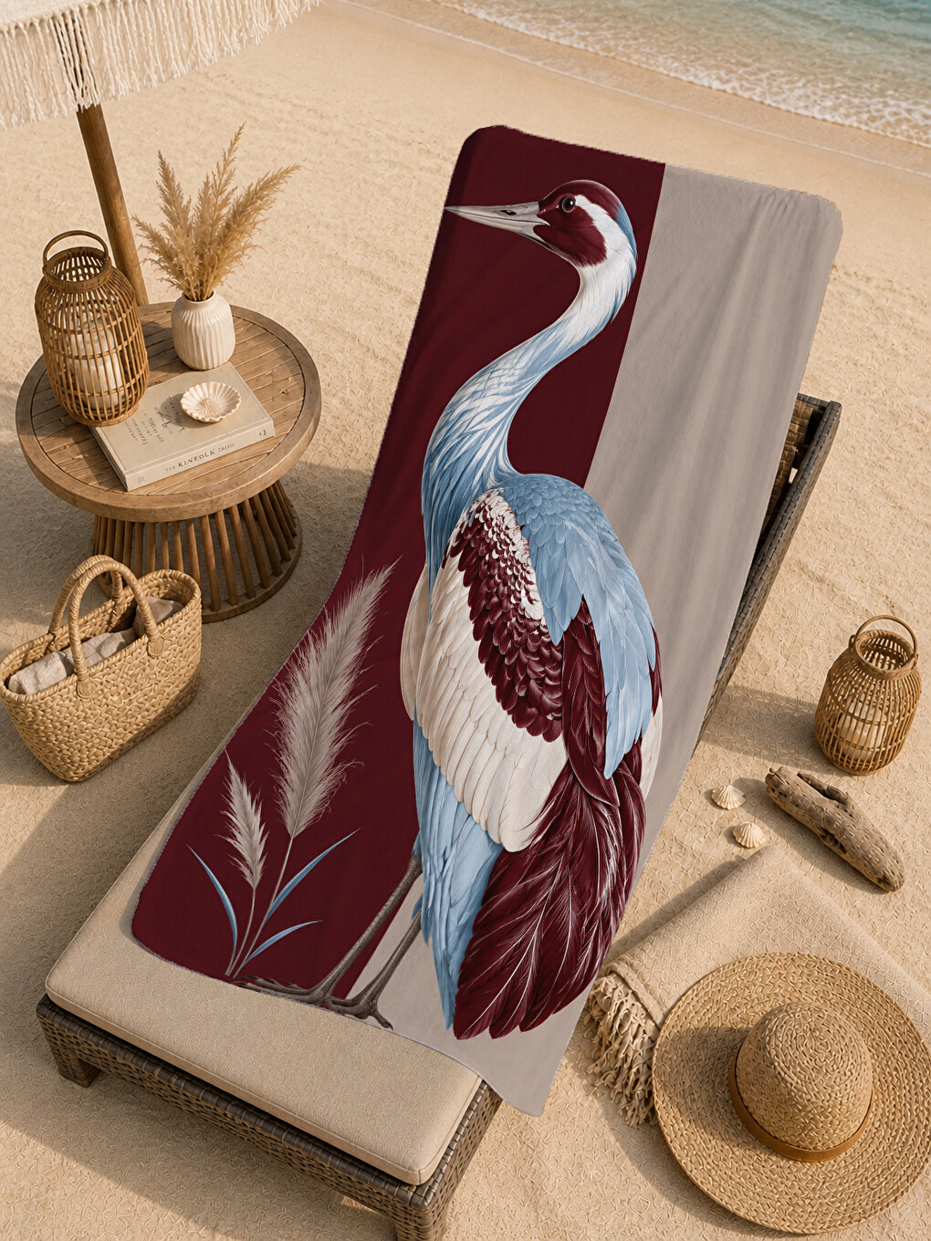 Art Deco Turna Kuşu Bordo Botanik Çiçekli Desenli 70x150 Plaj Havlusu - Pamuklu Banyo Havlusu-4