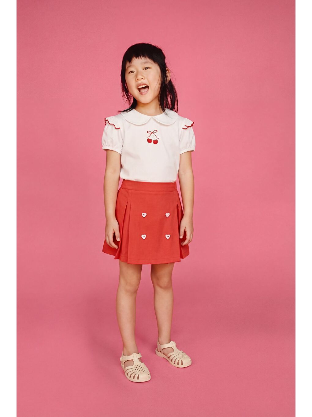Kırmızı Kız Çocuk Pamuklu Ekru Kiraz Nakışlı Bluz Etek Takım