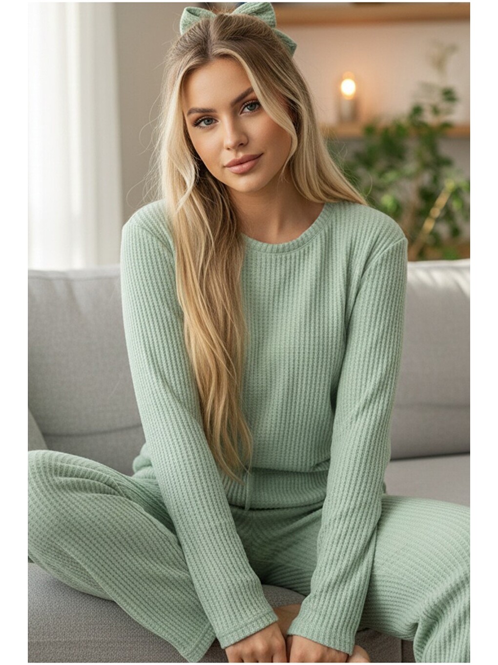 Yeşil Bisiklet Yaka Yumuşak Kışlık Waffle Örme Pijama Takım