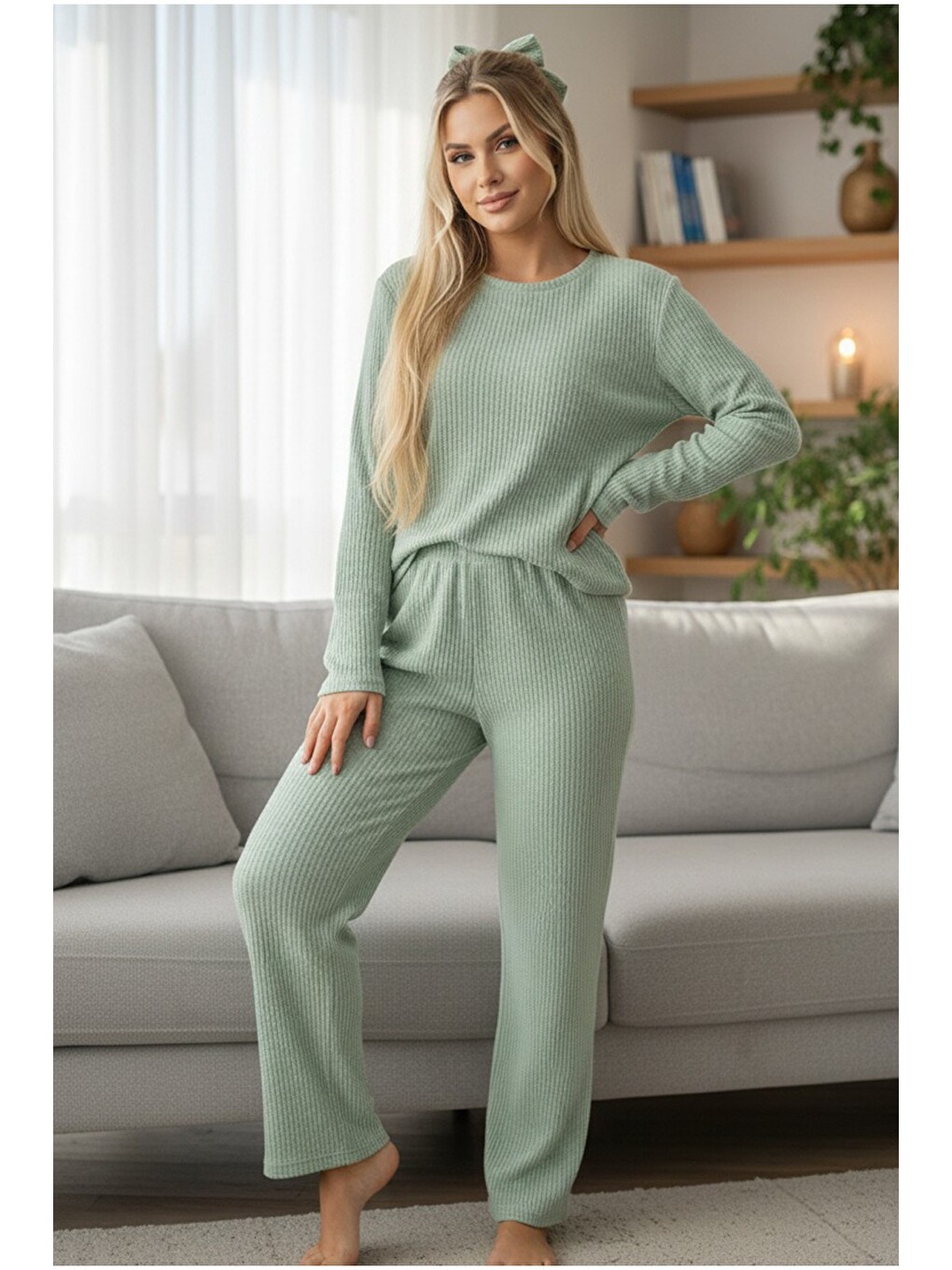 Yeşil Bisiklet Yaka Yumuşak Kışlık Waffle Örme Pijama Takım-1