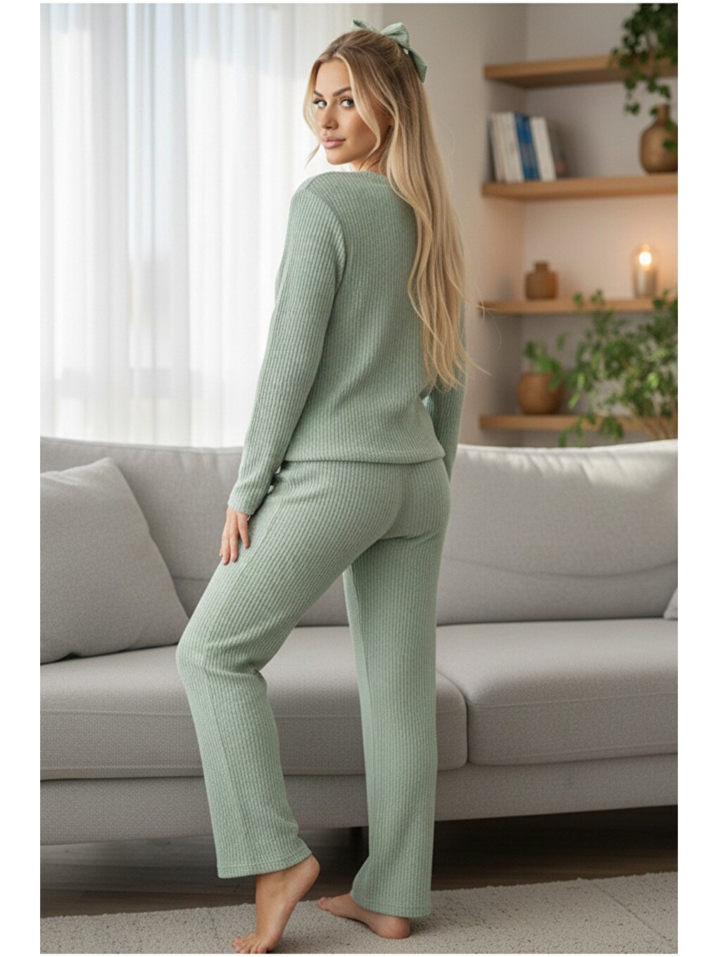 Yeşil Bisiklet Yaka Yumuşak Kışlık Waffle Örme Pijama Takım-2