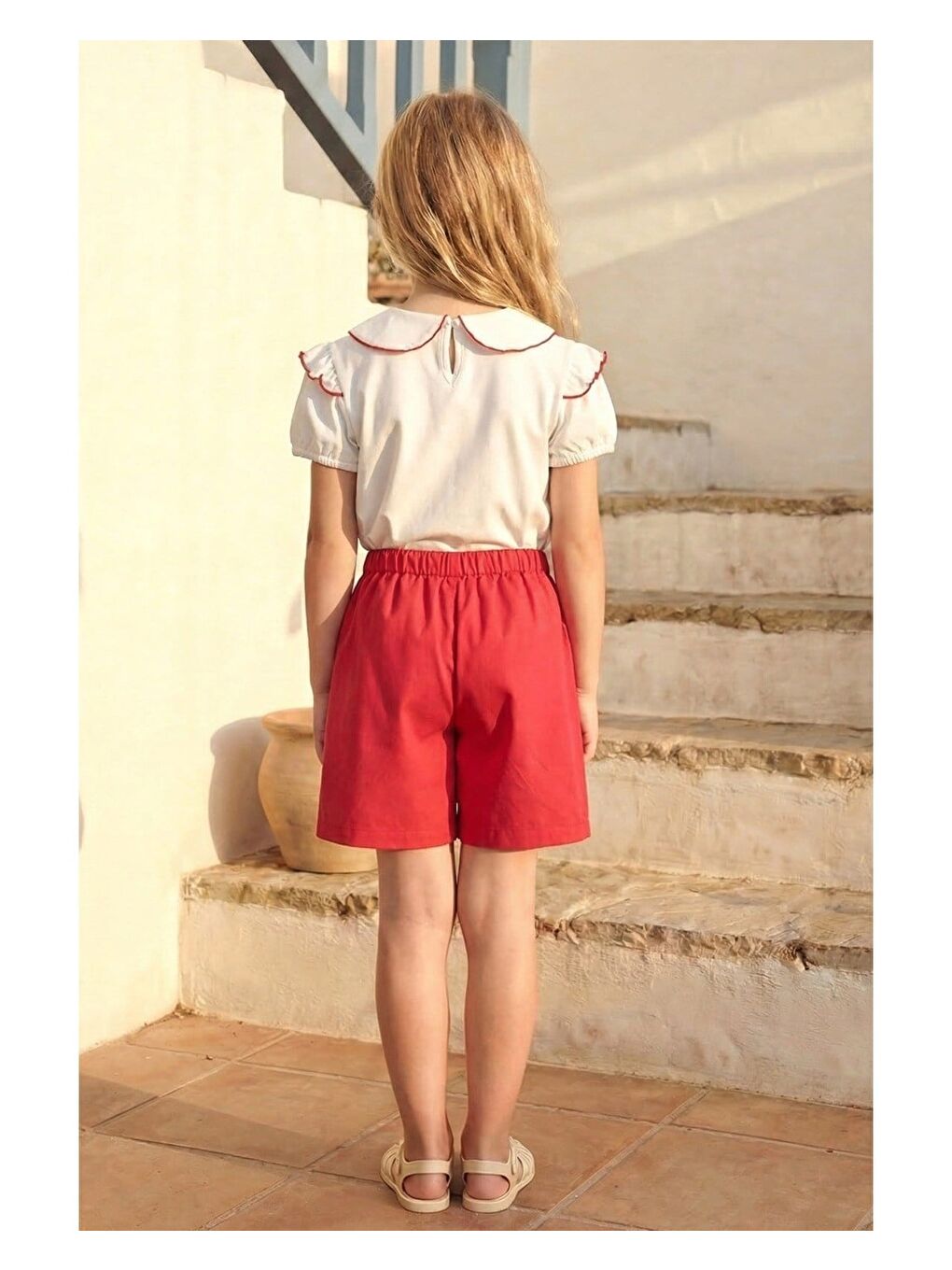 Kırmızı Kız Çocuk Pamuklu Ekru Kiraz Nakışlı Bluz Etek Takım-2