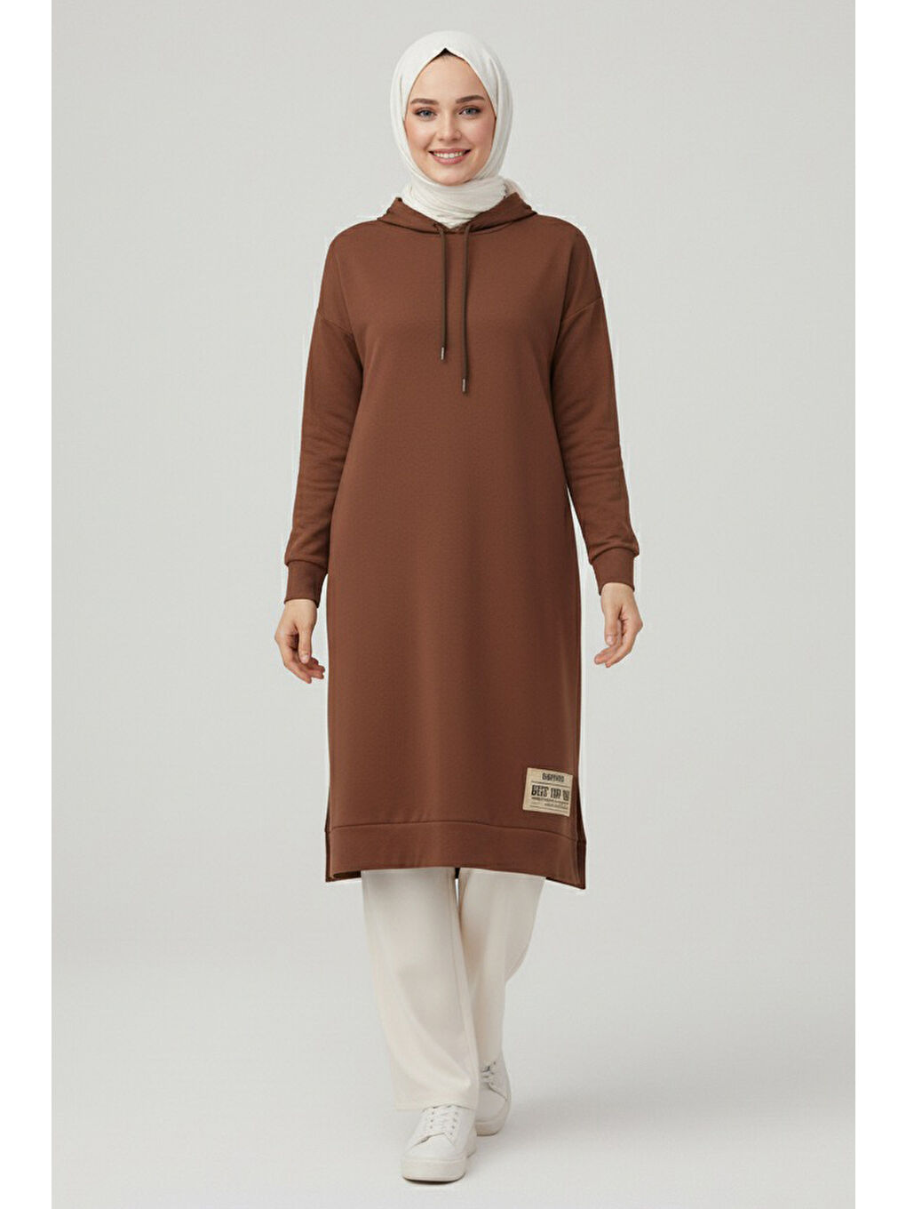 Kahverengi Armalı Vortex Yırtmaçlı Tunik Kahve - 27984-KAHVE