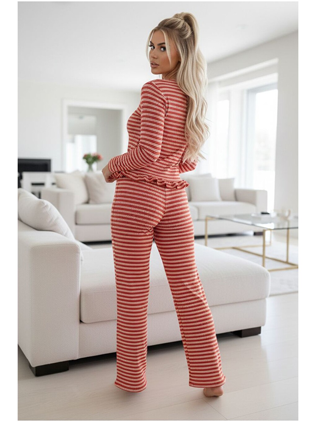 Kırmızı Bürümcük-krınkıl Uzun Kollu Düğmeli Örme Pijama Takım 7990-1