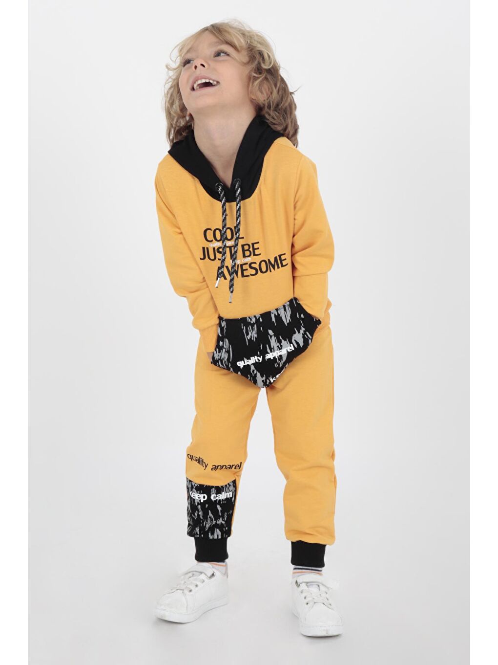 Sarı Kids Erkek Cool Baskılı Okul Eşofman Takım Kapüşonlu Lastikli Dar Paça-2