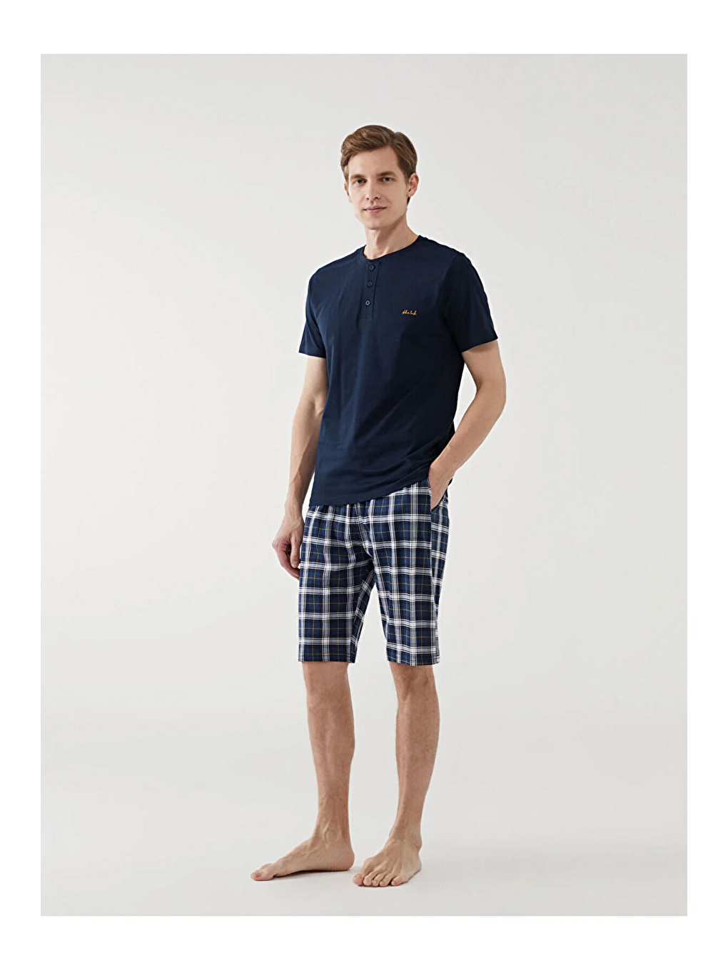 Erkek Düğme Detaylı Kısa Kollu Bermuda Lacivert Pijama Takımı