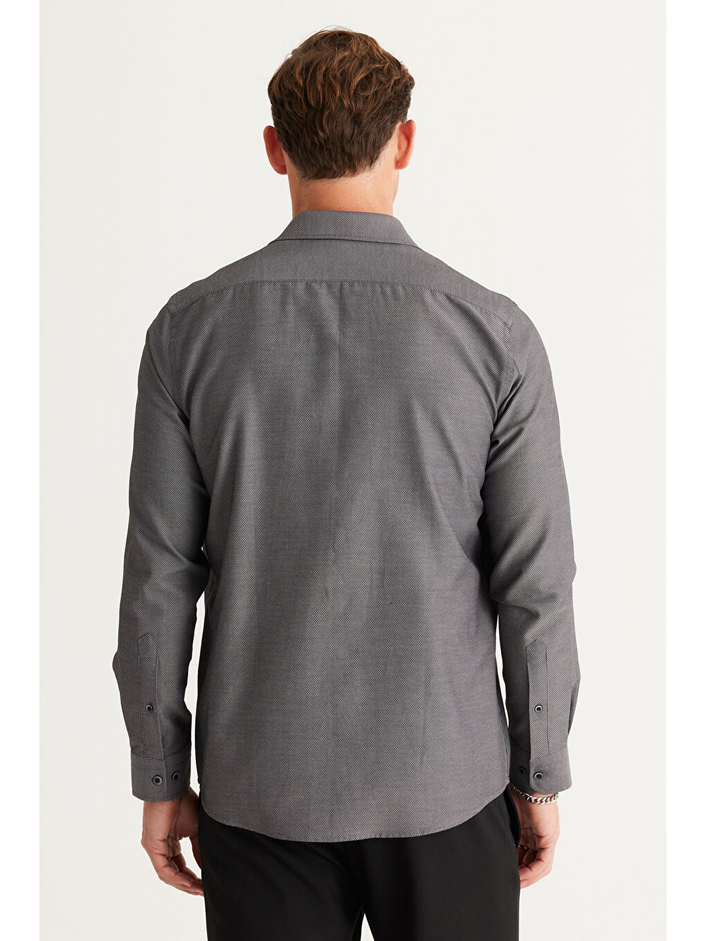 Erkek Siyah Slim Fit Dar Kesim Klasik Yaka Armürlü Pamuklu Gömlek-5