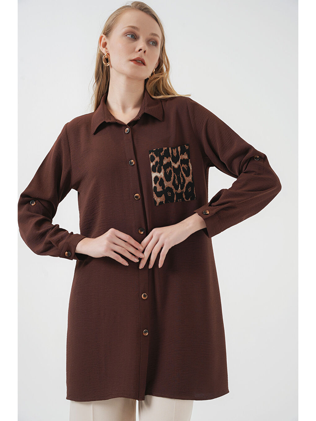 5851 Cep Detaylı Gömlek Tunik - Kahverengi