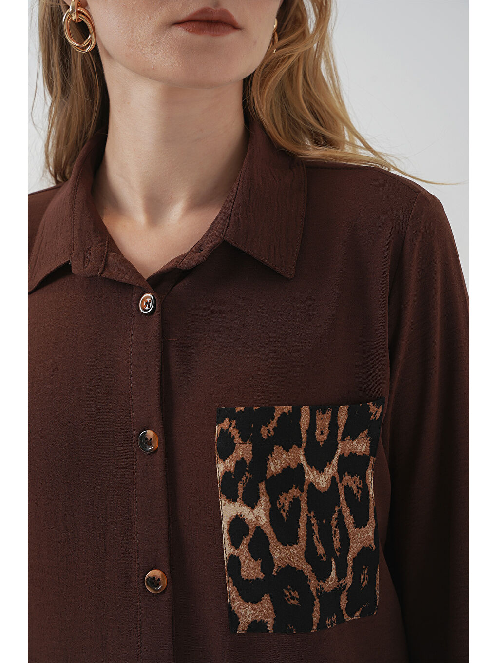 5851 Cep Detaylı Gömlek Tunik - Kahverengi-4