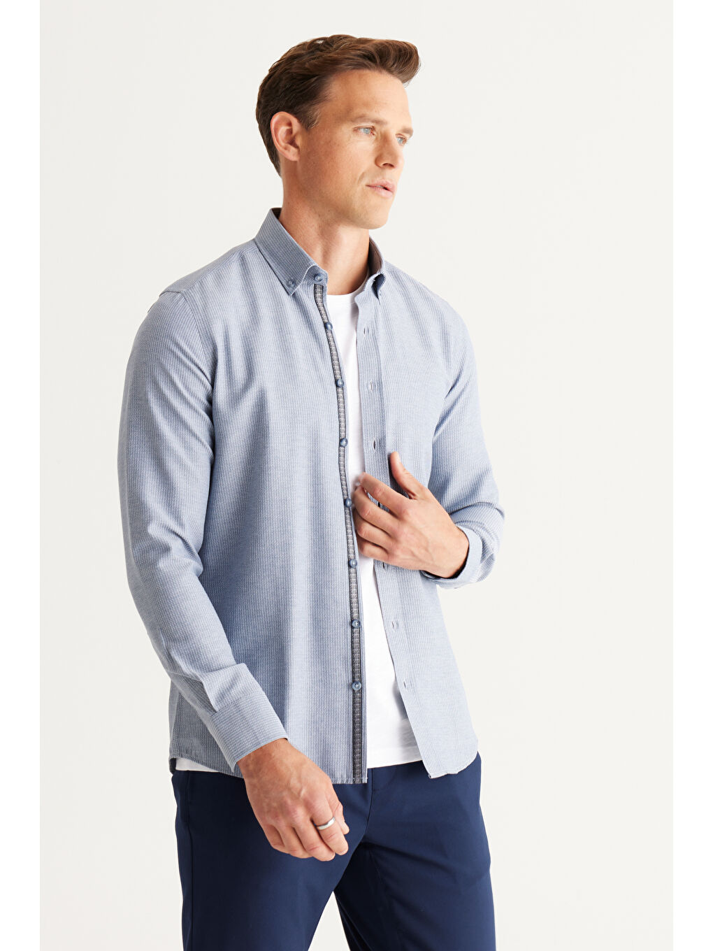 Erkek İndigo Slim Fit Dar Kesim Düğmeli Yaka Pamuklu Armürlü Gömlek-2