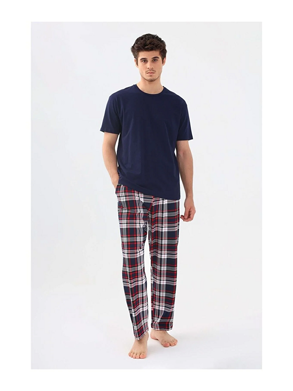 Erkek Basic Kısa Kollu Lacivert Uzun Alt Ekoseli Pijama Takımı