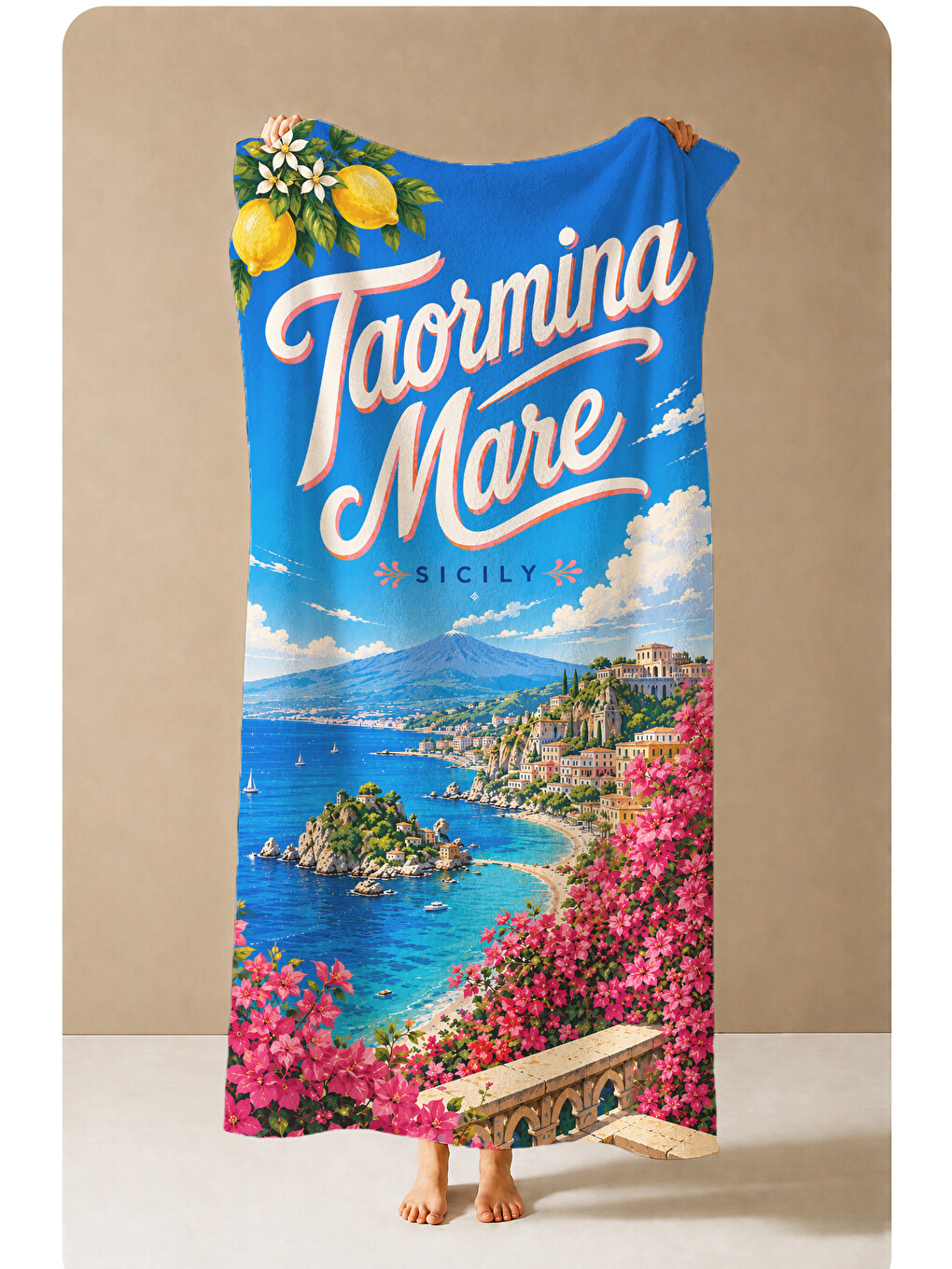 Mavi Vintage Taormina Mare Sicilya Sahil Posteri Desenli 70x150 Plaj Havlusu - Pamuklu Banyo Havlusu-1