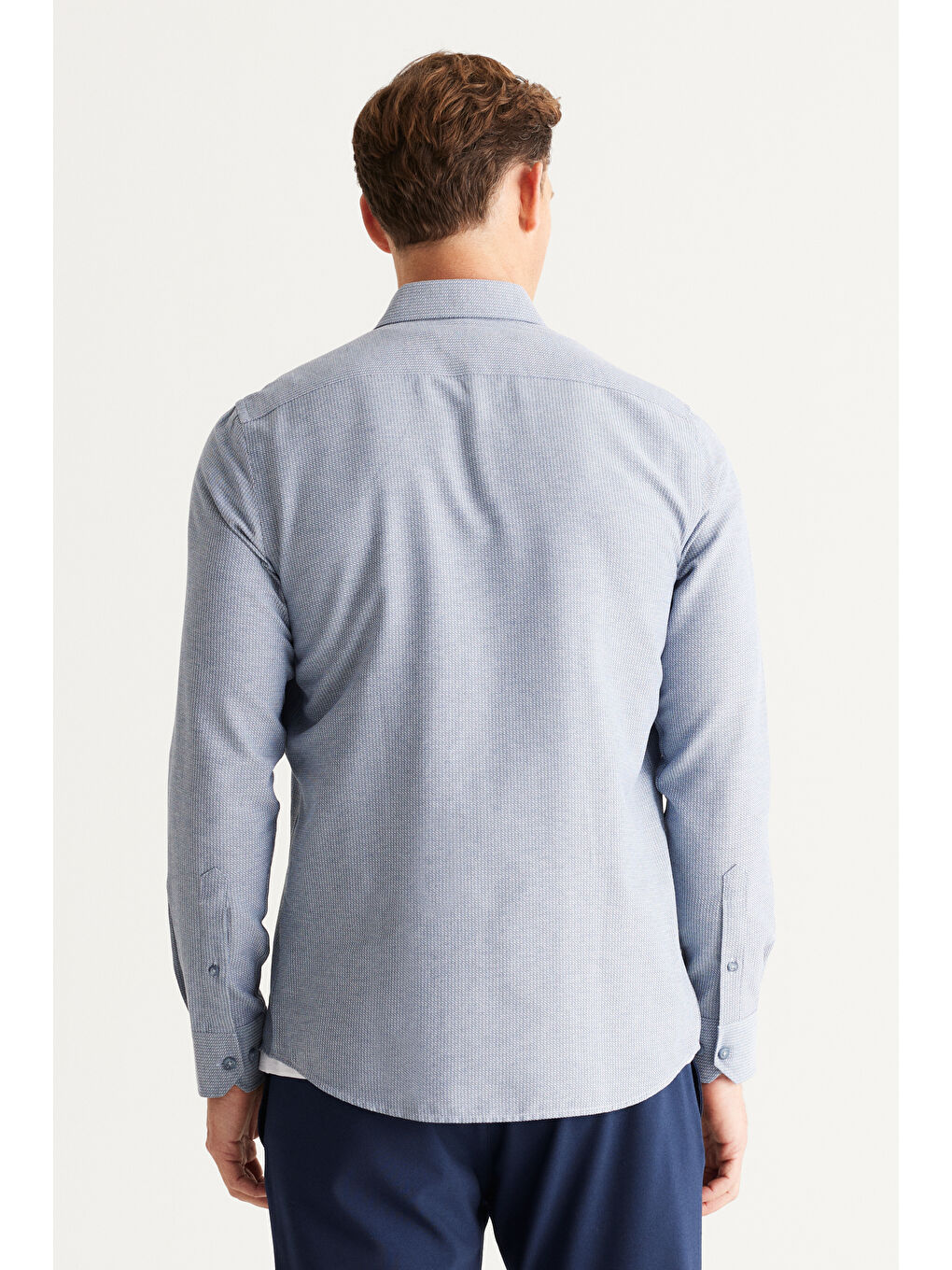 Erkek İndigo Slim Fit Dar Kesim Düğmeli Yaka Pamuklu Armürlü Gömlek-4